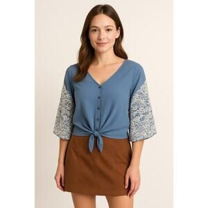 Harper Blue chambray and White Puff Sleeve Blouse with Tie Front medium boho